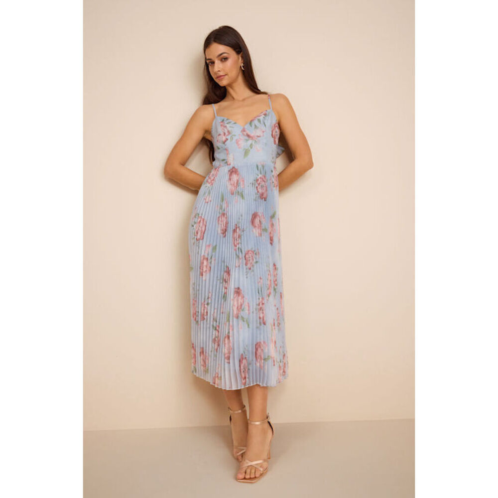 Lulus Alondra Light Blue Multi Floral Pleated Midi Dress - Size L
